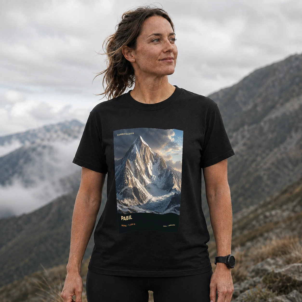 Black Pabil T-shirt front with mountain artwork