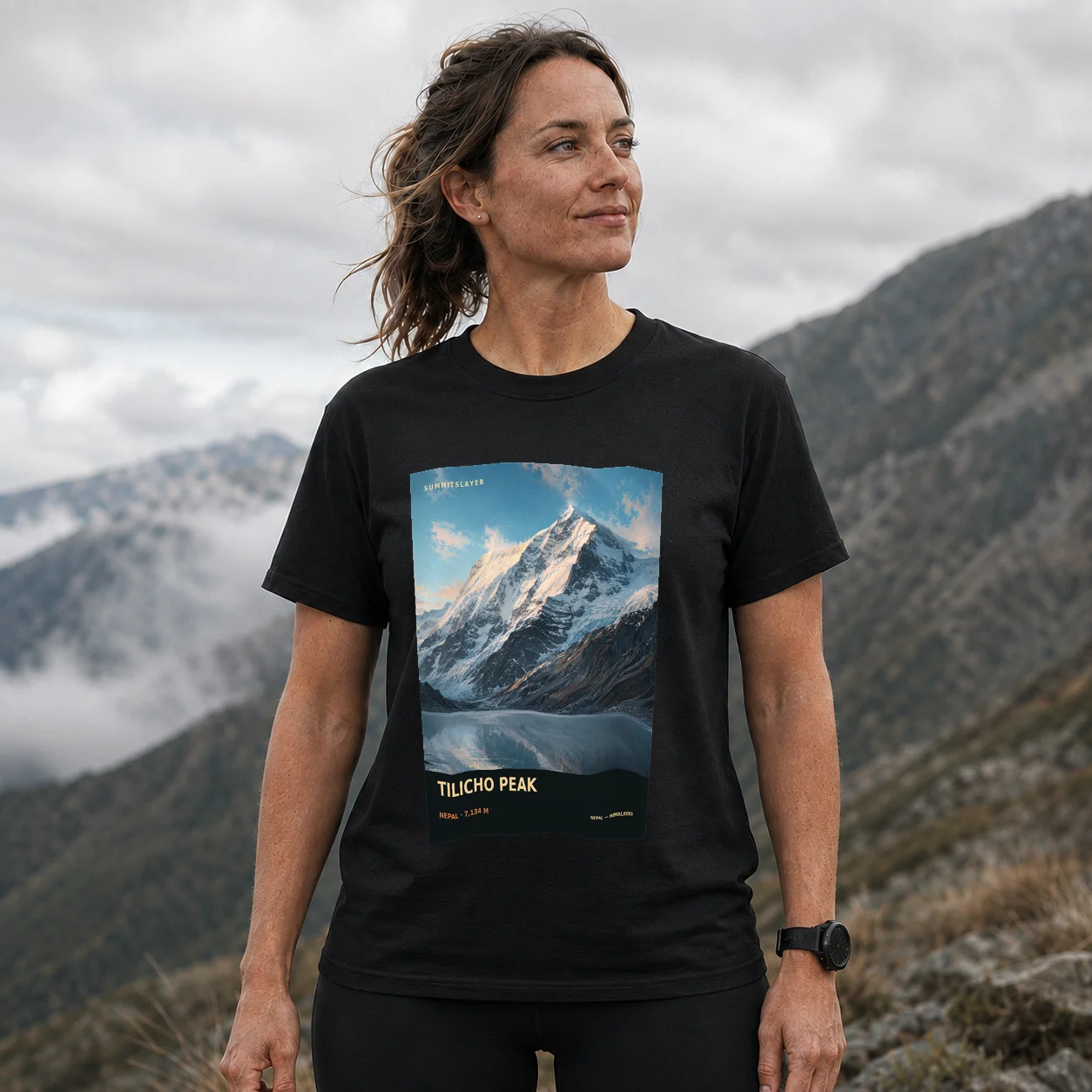 Black Tilicho Peak T-shirt front with mountain artwork