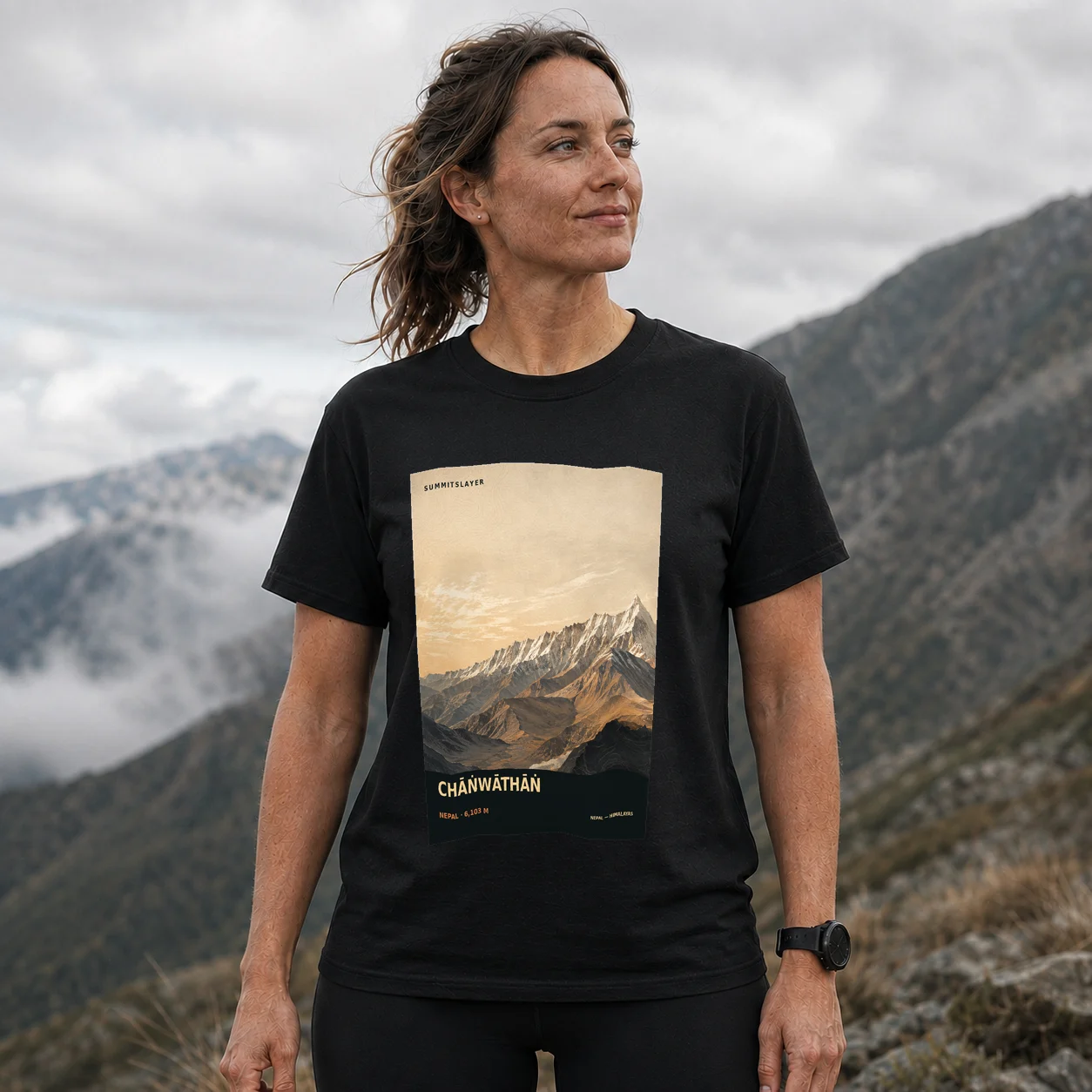 Black Chāṅwāthāṅ T-shirt front with mountain artwork