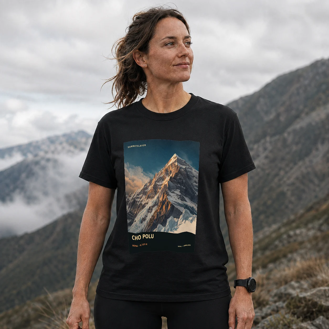 Black Cho Polu T-shirt front with mountain artwork