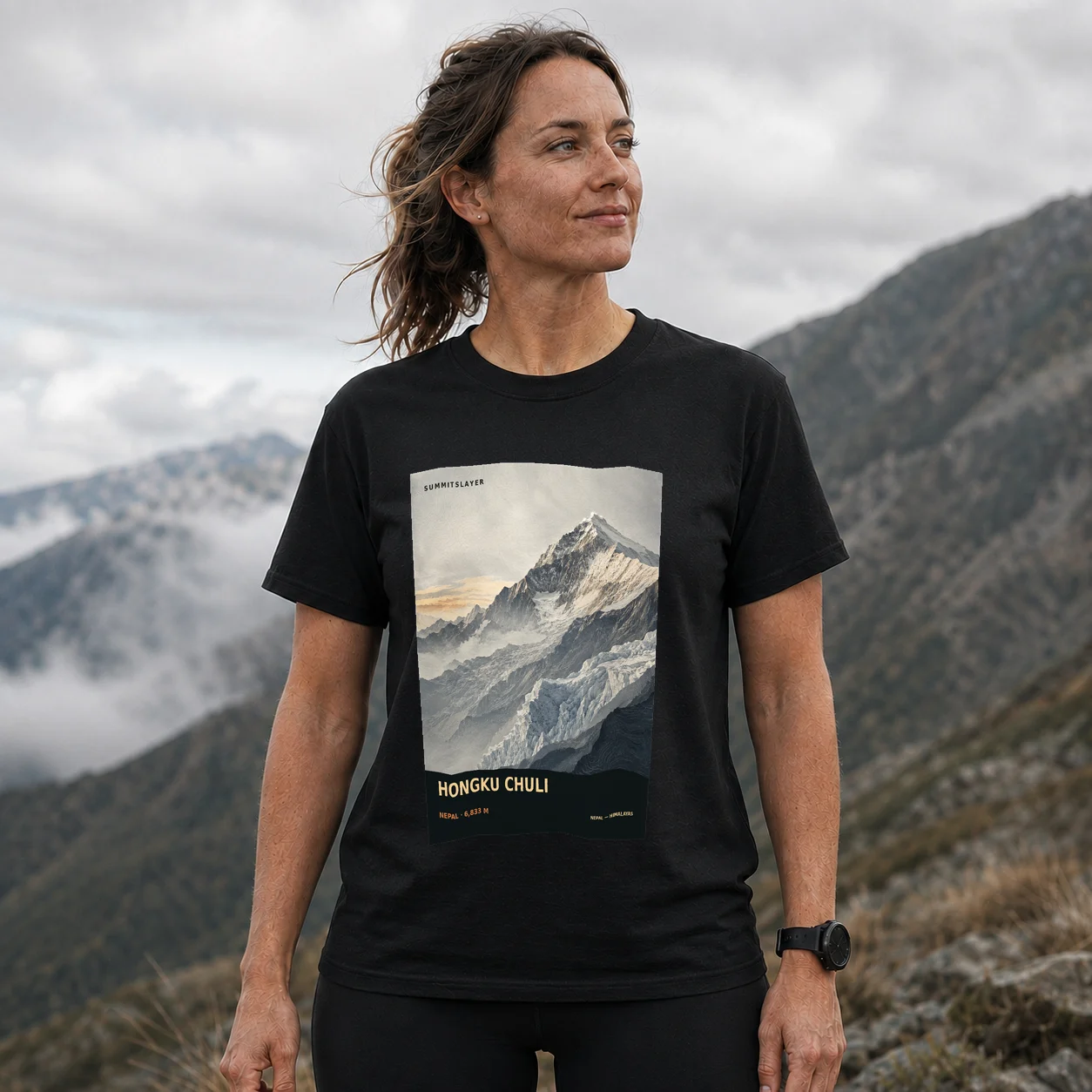 Black Hoṅku Chuli̇̄ T-shirt front with mountain artwork