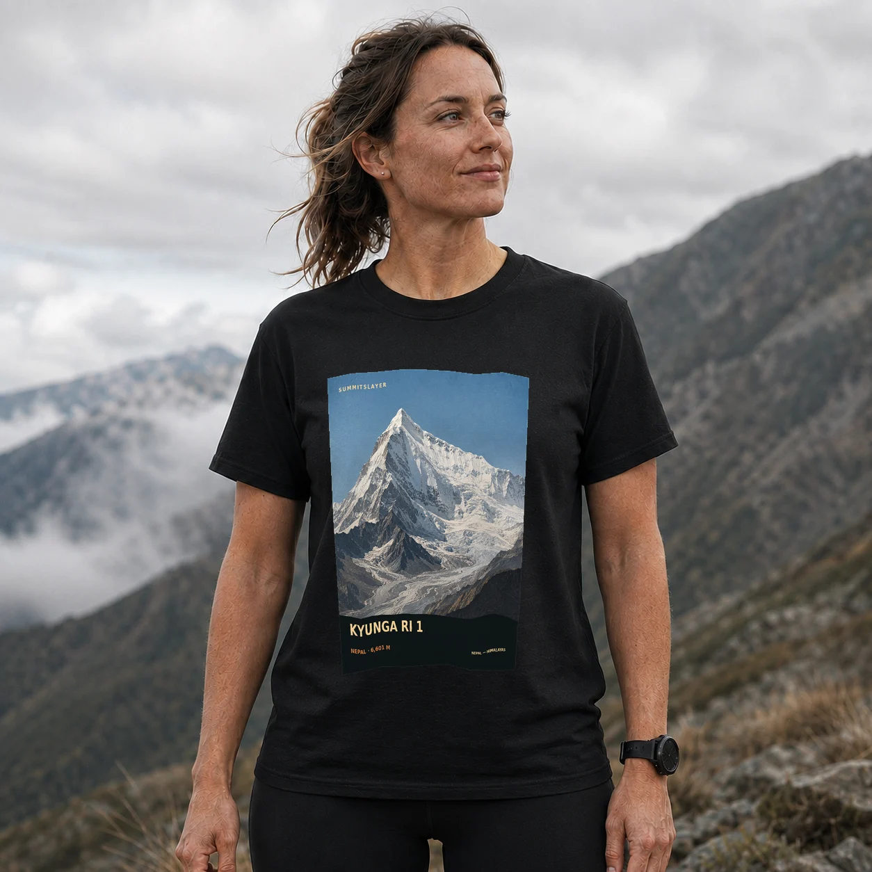 Black Kyuṅgāri̇̄ T-shirt front with mountain artwork