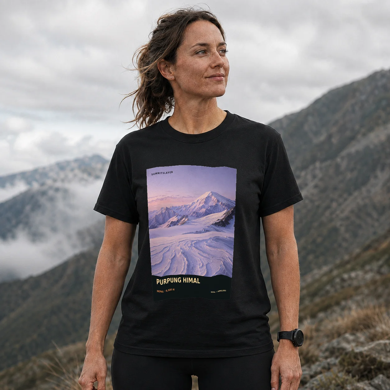 Black Purbuṅ Himāl T-shirt front with mountain artwork