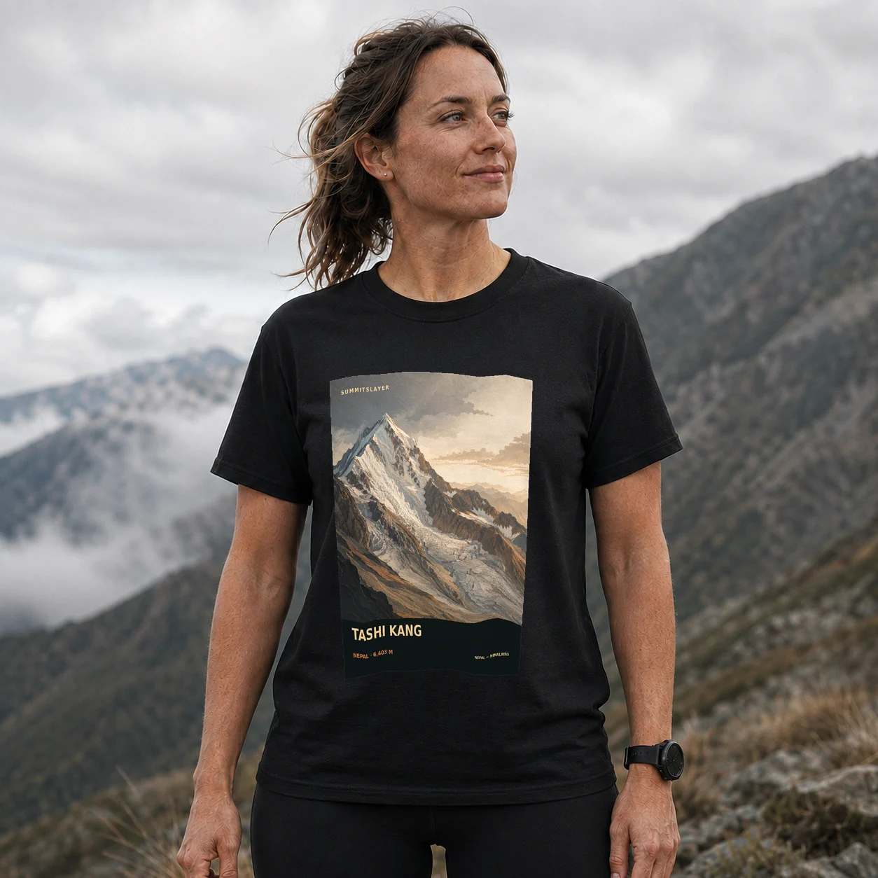 Black Tāshi̇̄kaṅ T-shirt front with mountain artwork