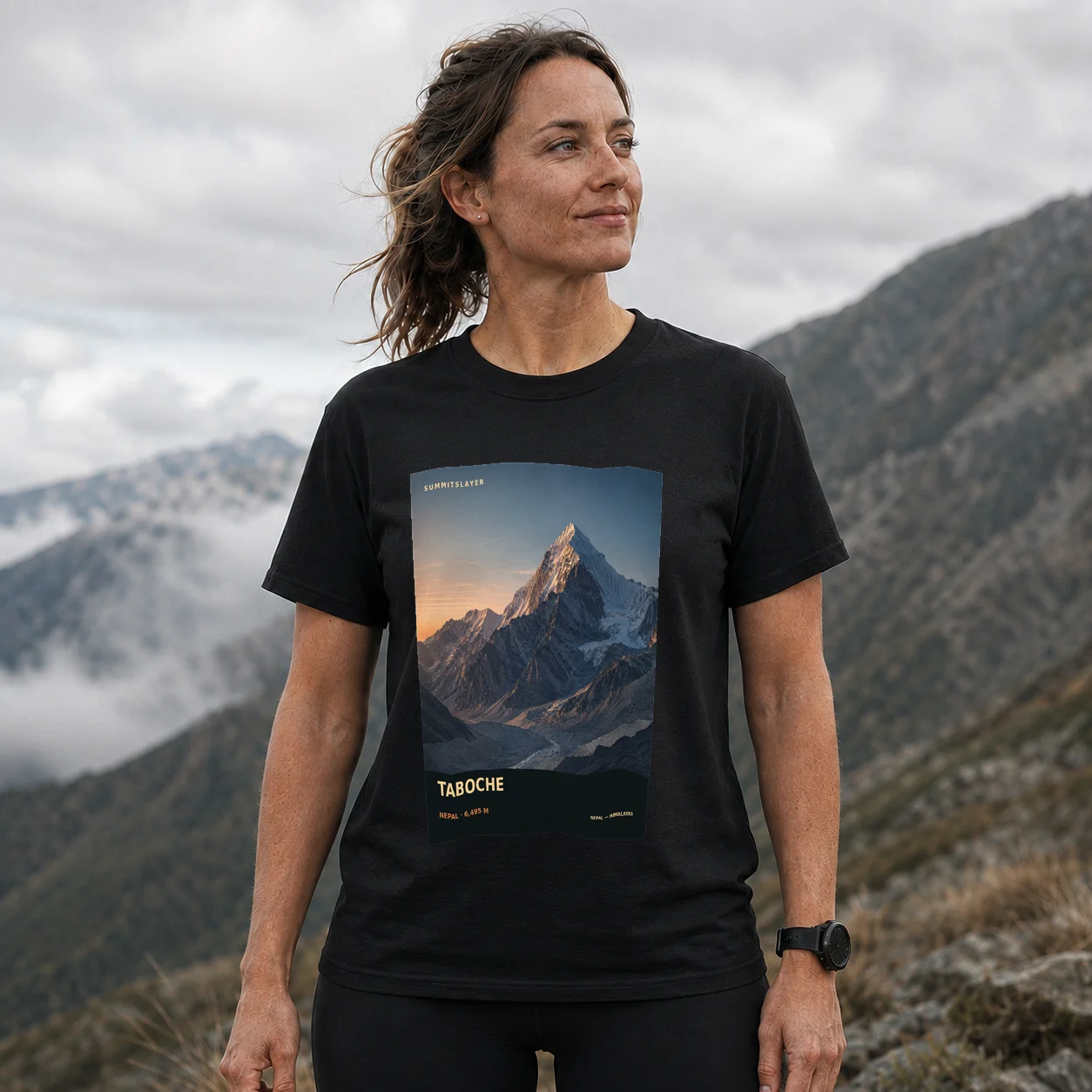 Black Taweche T-shirt front with mountain artwork