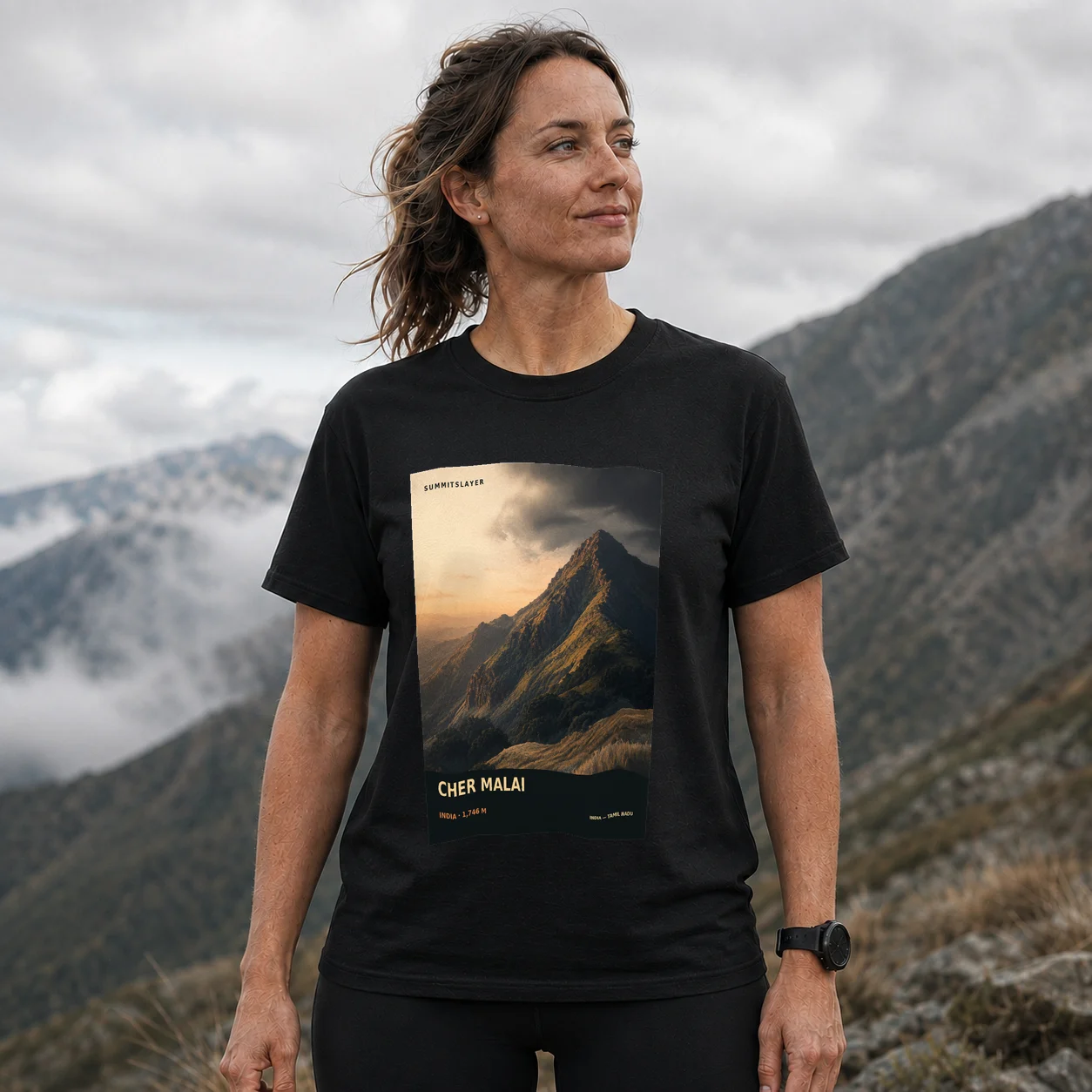 Black Cher Malai T-shirt front with mountain artwork