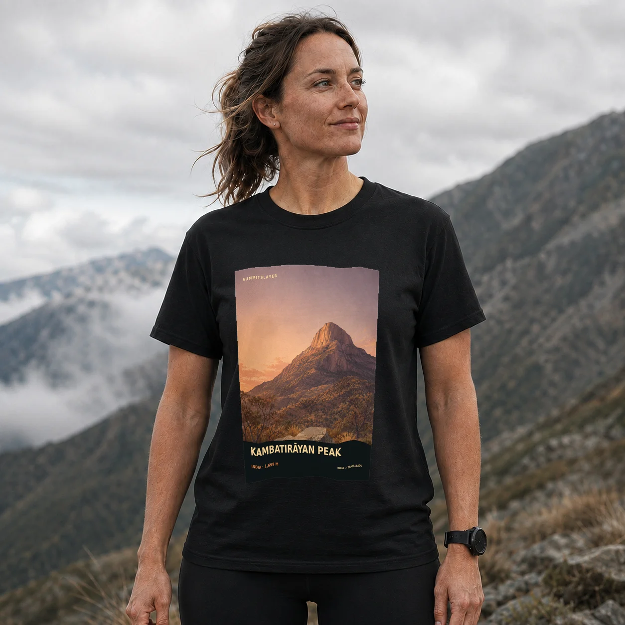 Black Kambatirāyan Peak T-shirt front with mountain artwork