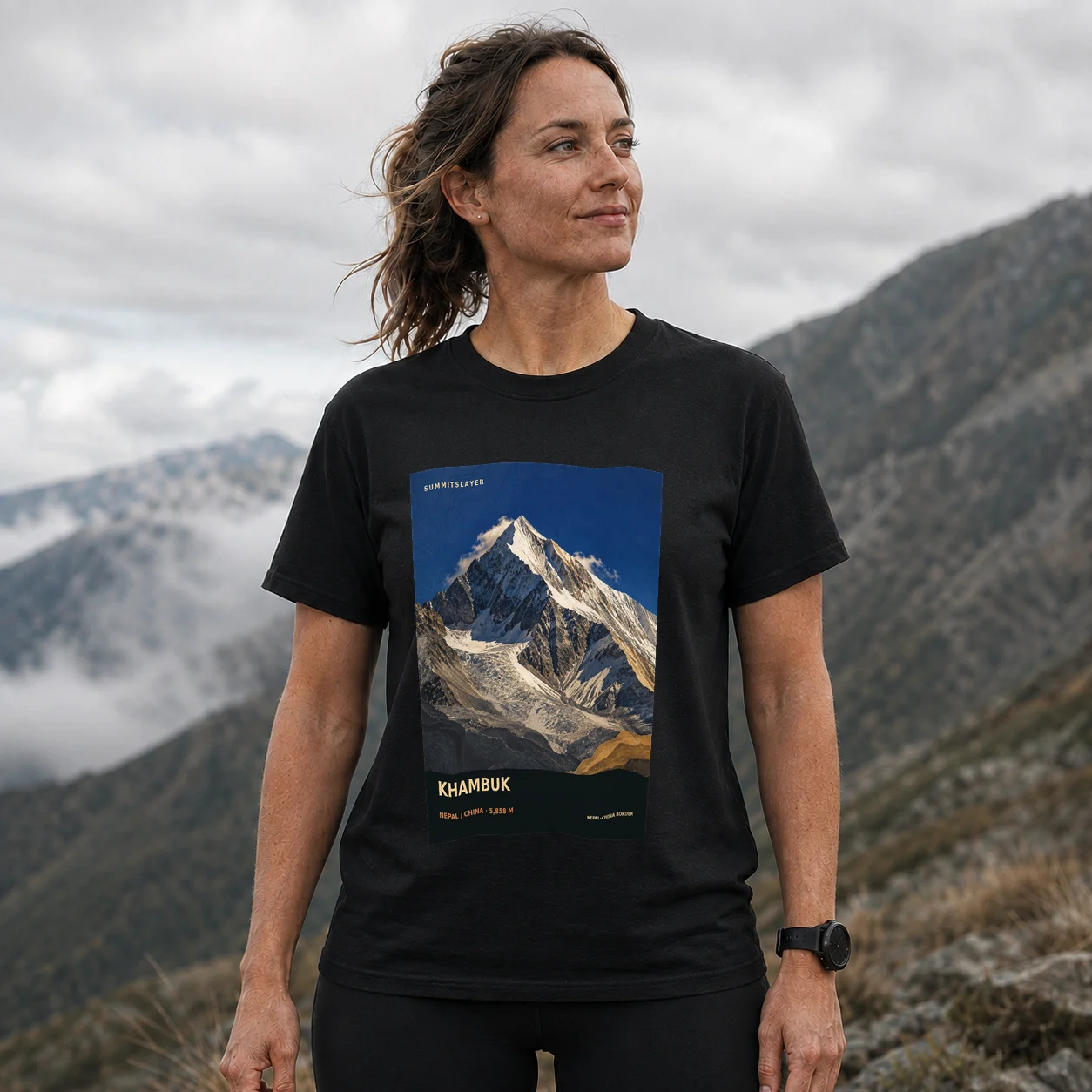 Black Khāmbuk T-shirt front with mountain artwork