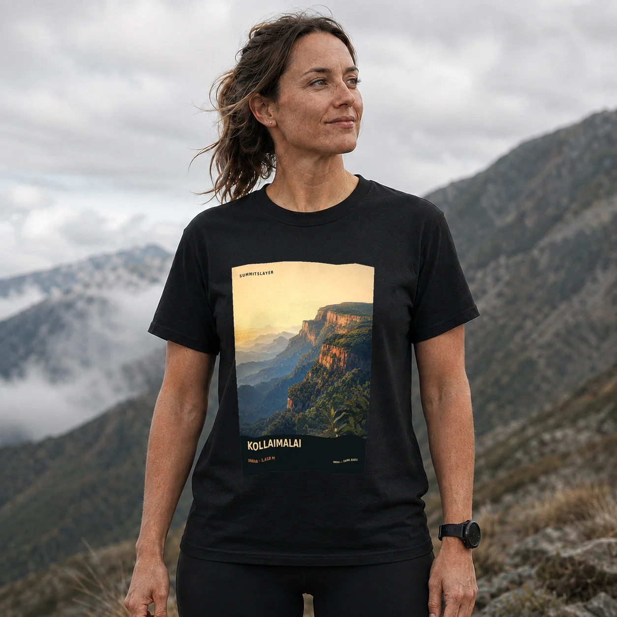 Black Kollaimalai T-shirt front with mountain artwork