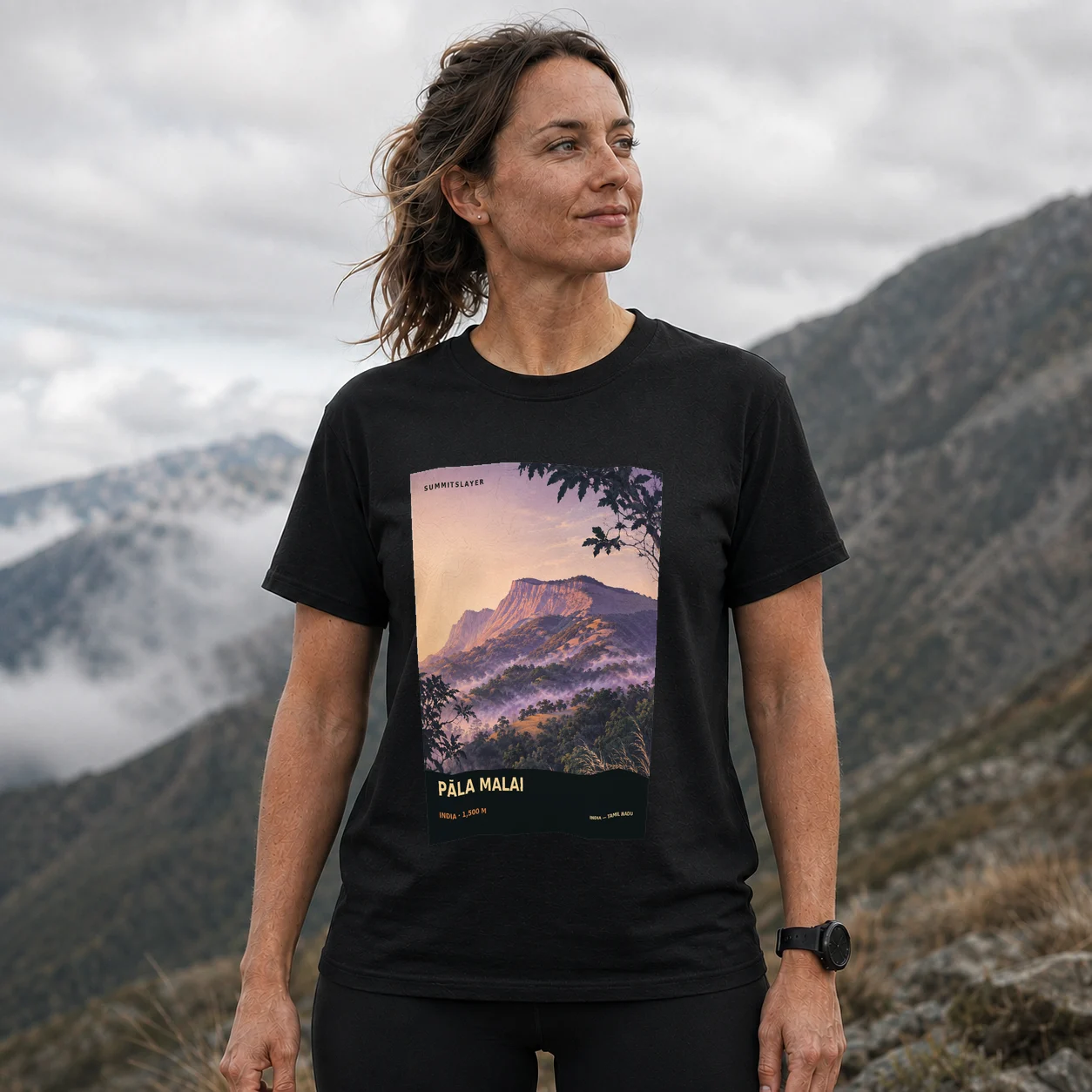 Black Pāla Malai T-shirt front with mountain artwork
