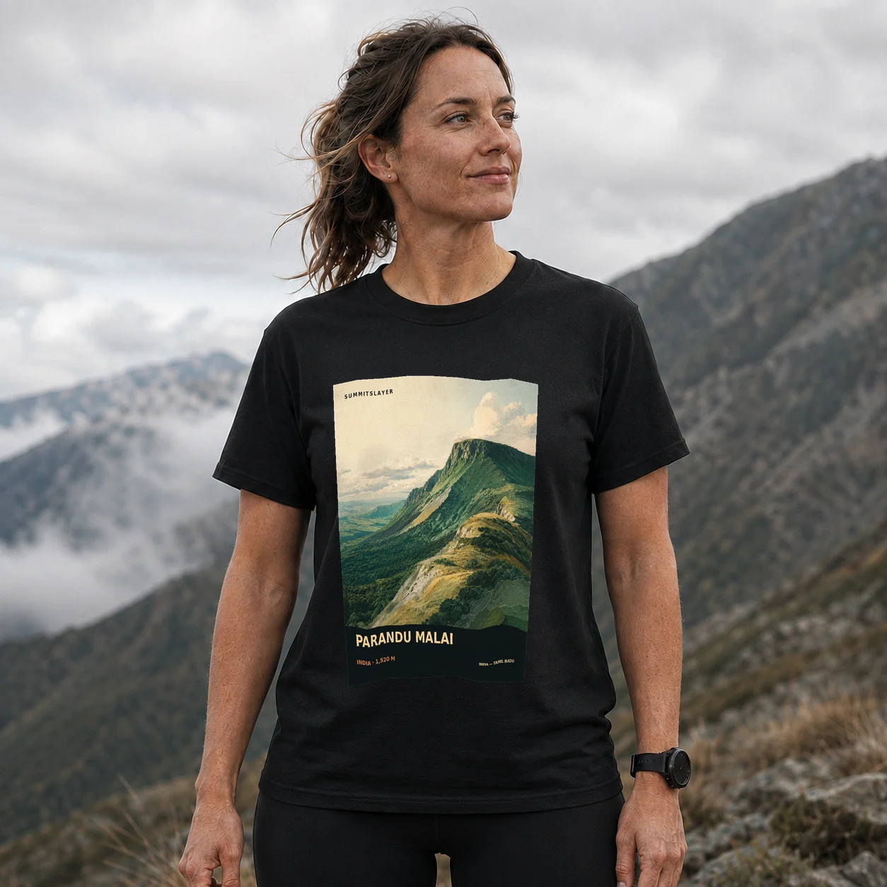 Black Parandu Malai T-shirt front with mountain artwork