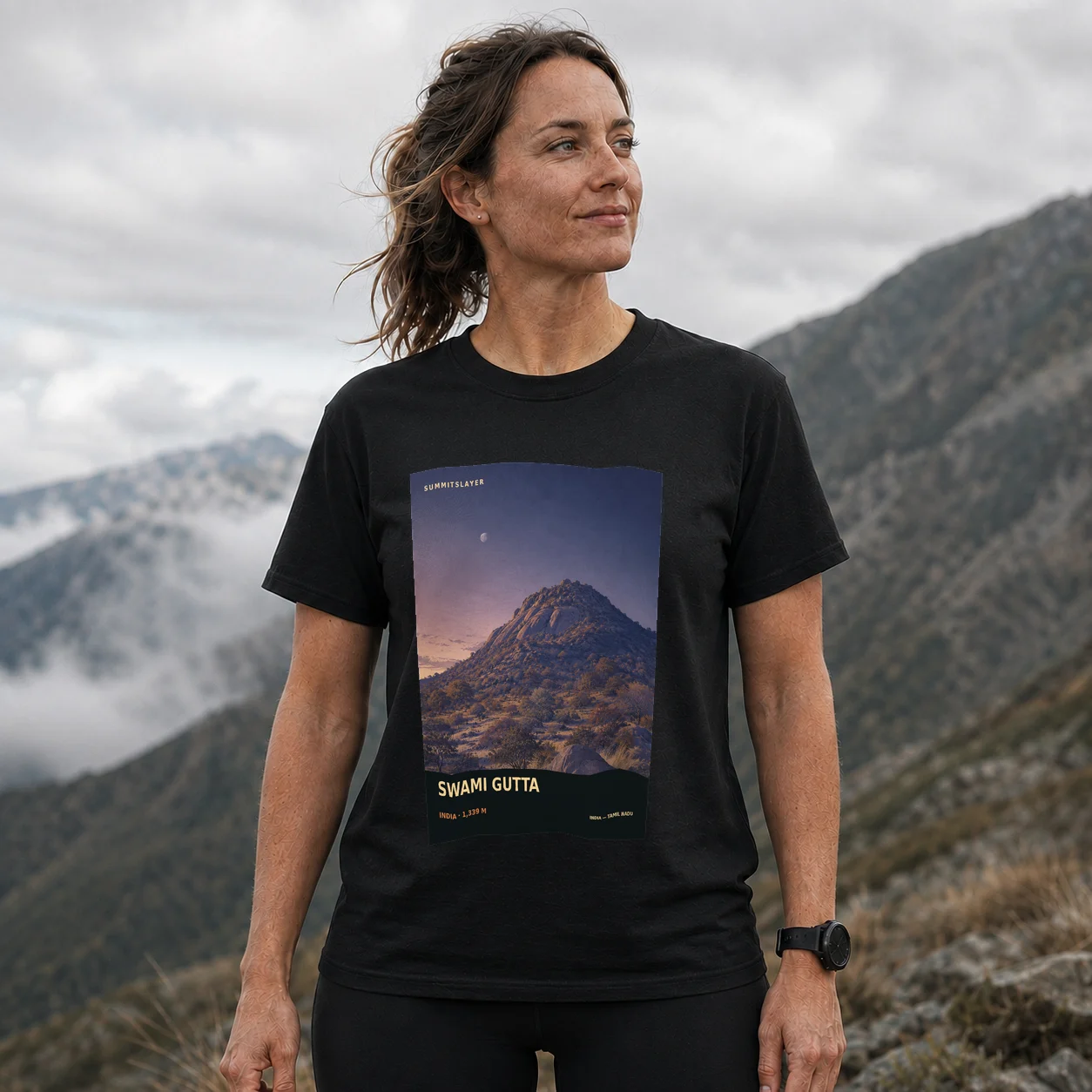 Black Swami Gutta T-shirt front with mountain artwork