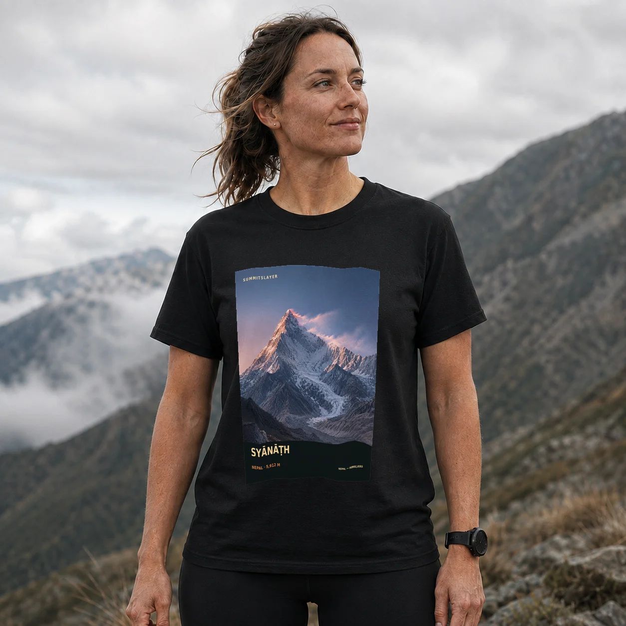 Black Syānāṭh T-shirt front with mountain artwork