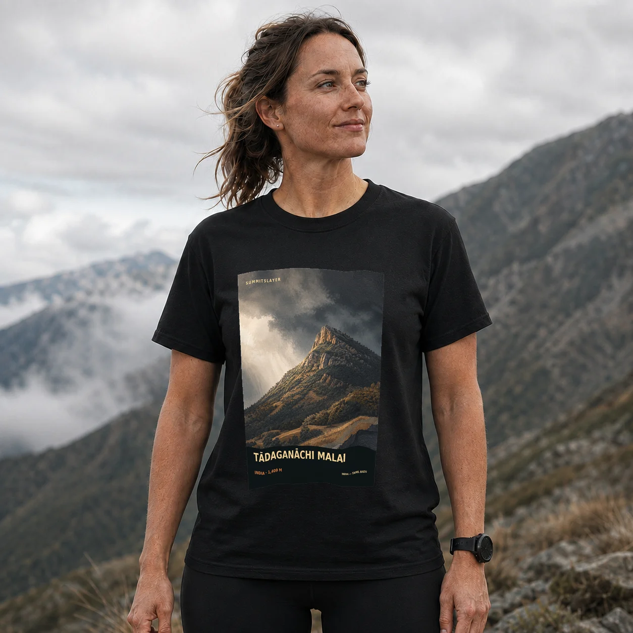 Black Tādaganāchi Malai T-shirt front with mountain artwork