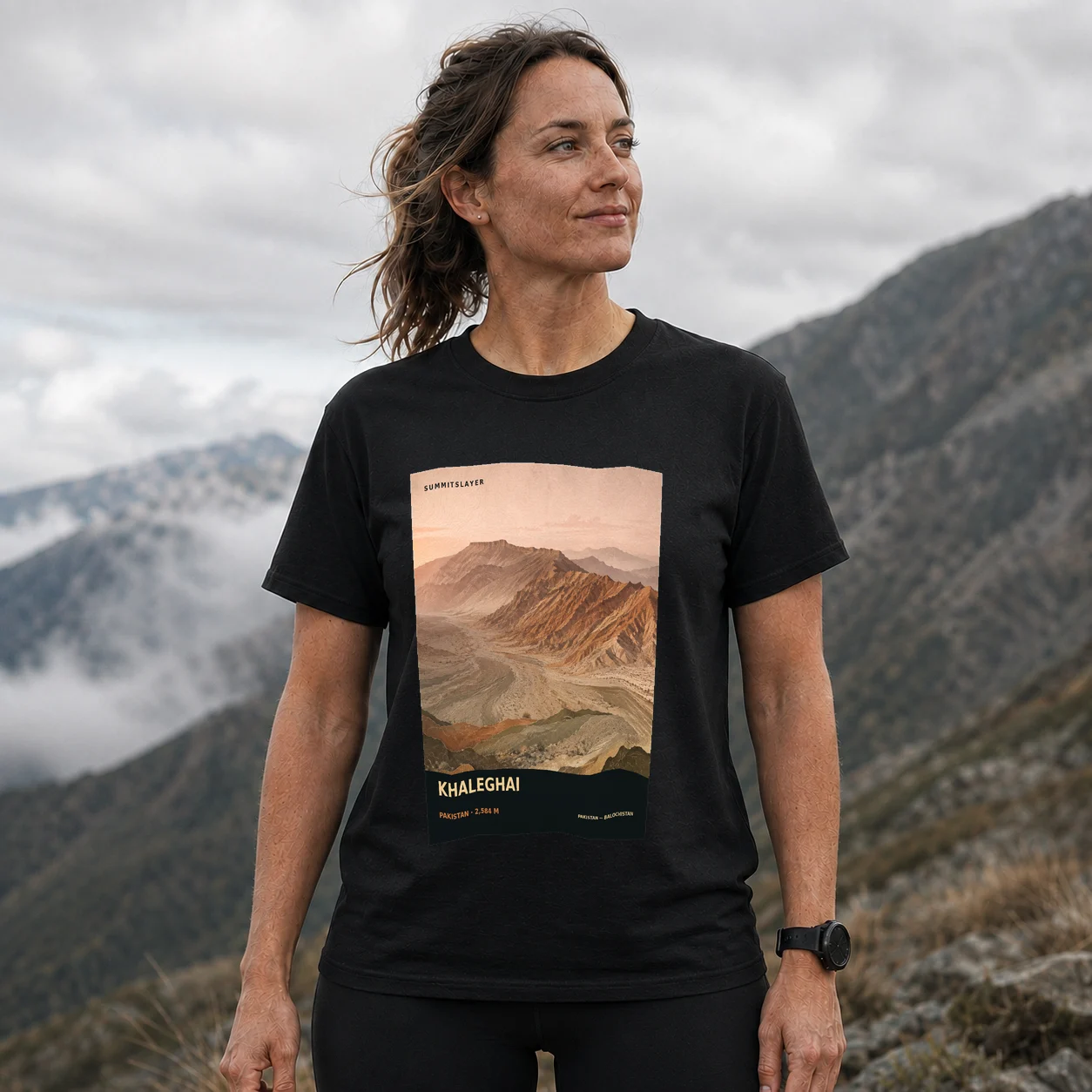 Black Khaleghai T-shirt front with mountain artwork