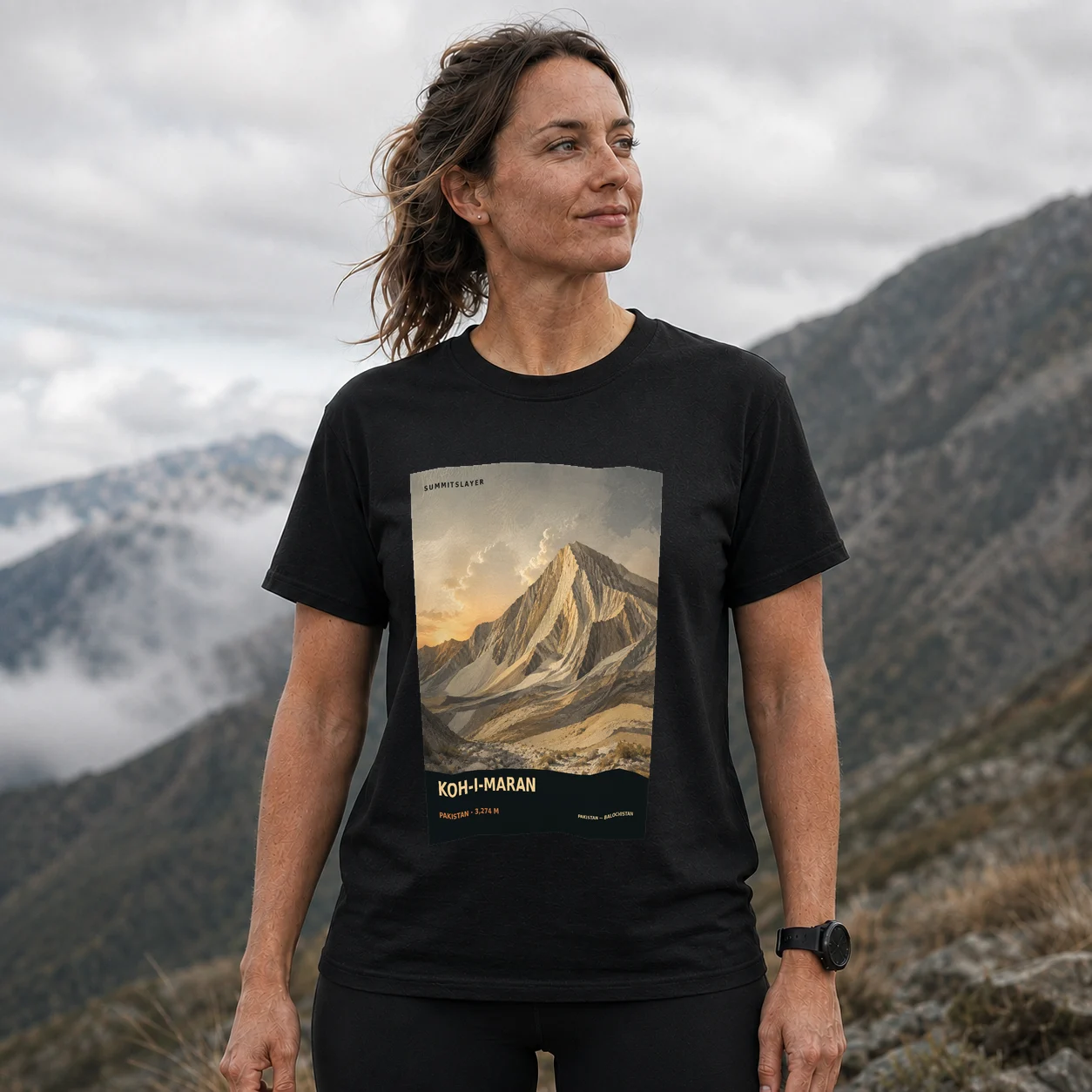 Black Koh-i-Maran T-shirt front with mountain artwork