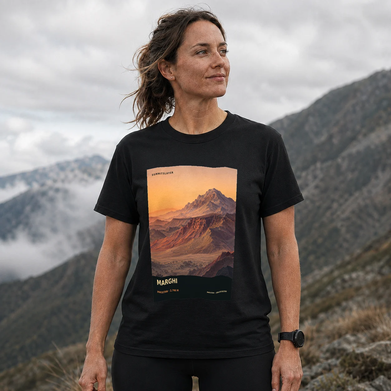 Black Marghi T-shirt front with mountain artwork