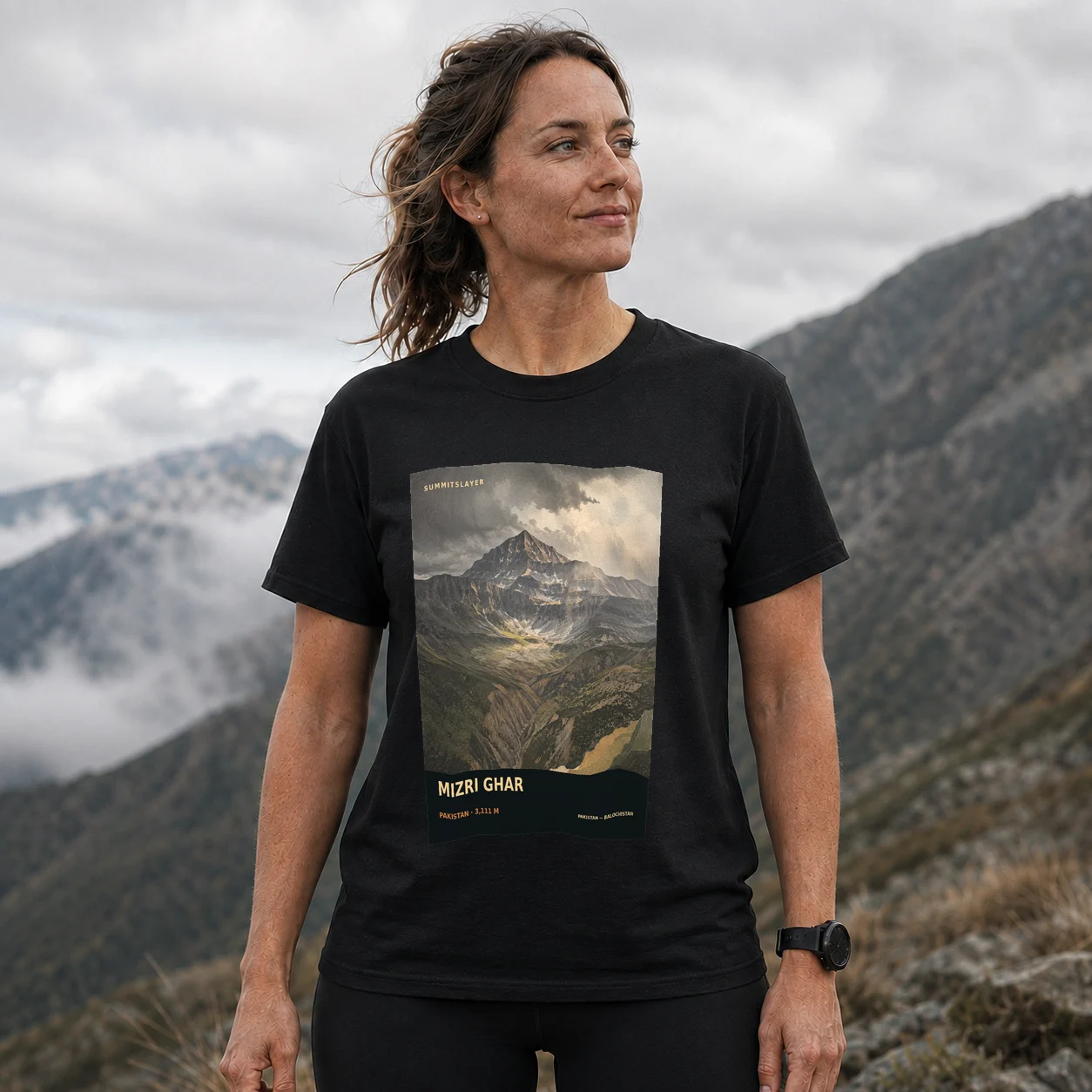 Black Mizri Ghar T-shirt front with mountain artwork