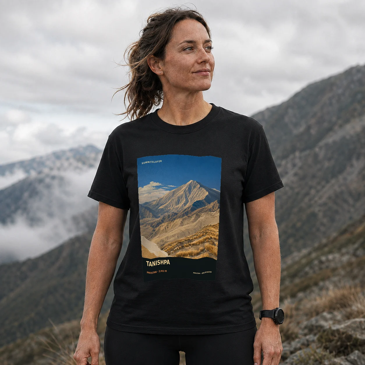 Black Tanishpa T-shirt front with mountain artwork