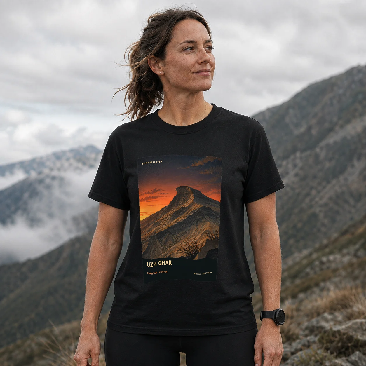 Black Uzh Ghar T-shirt front with mountain artwork