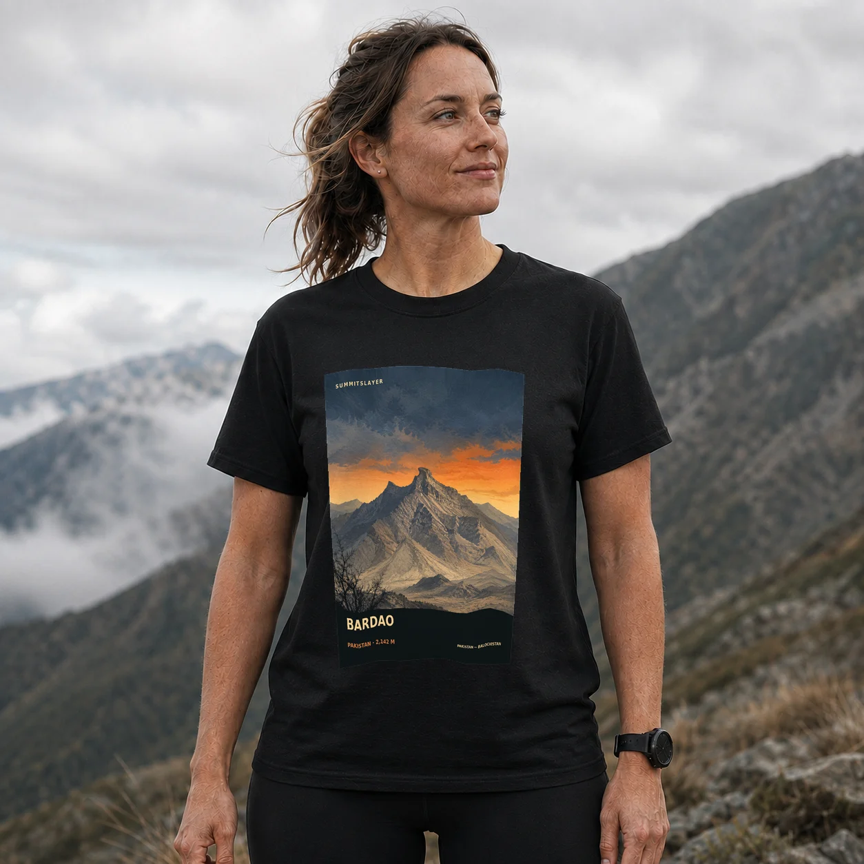 Black Bardao T-shirt front with mountain artwork