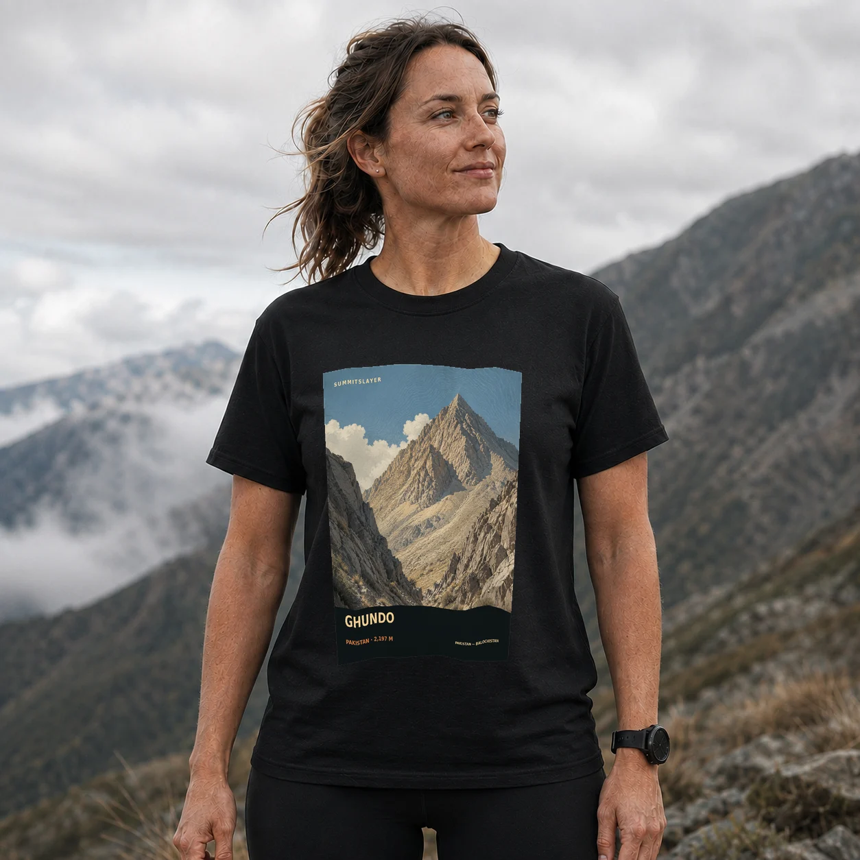 Black Ghundo T-shirt front with mountain artwork