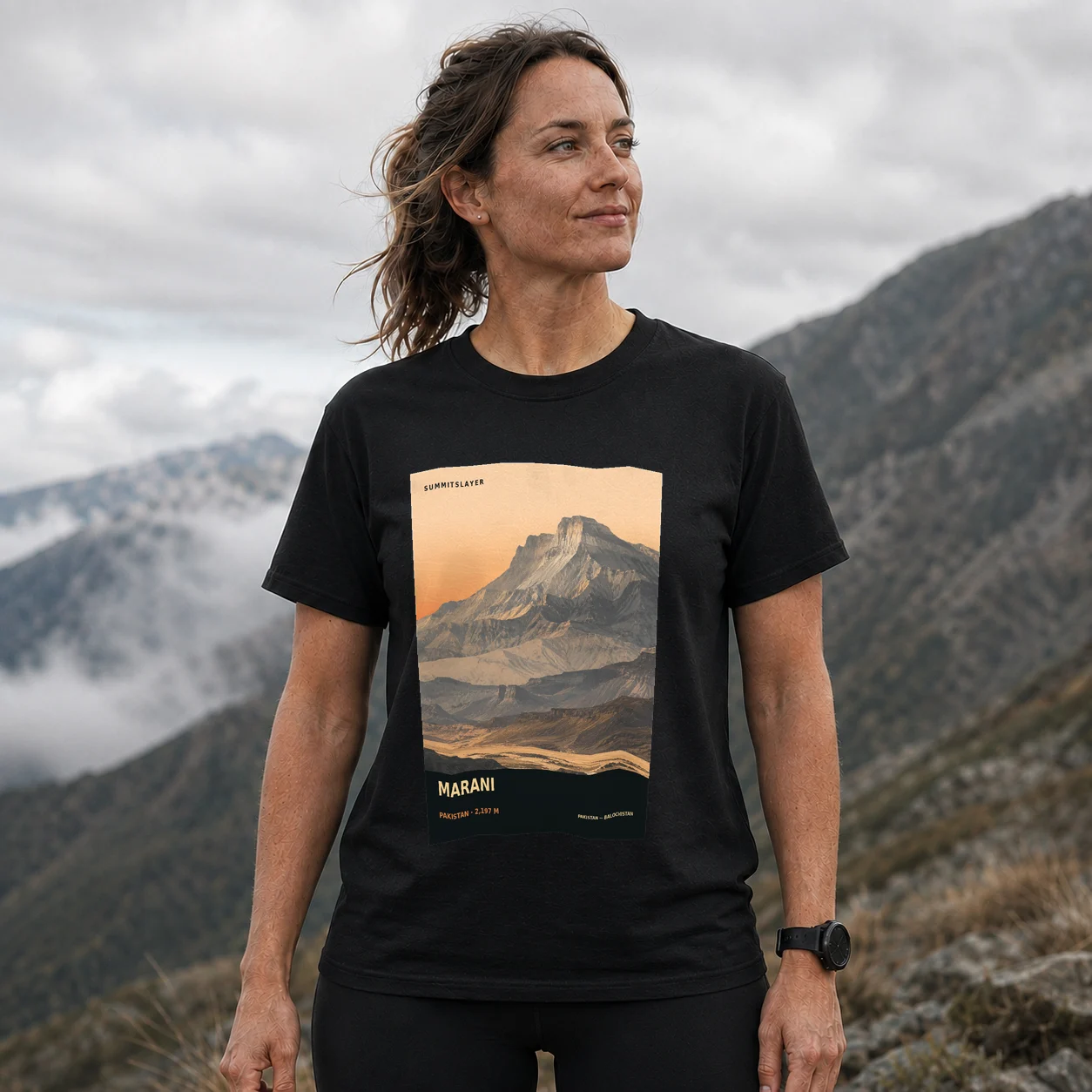 Black Marani T-shirt front with mountain artwork