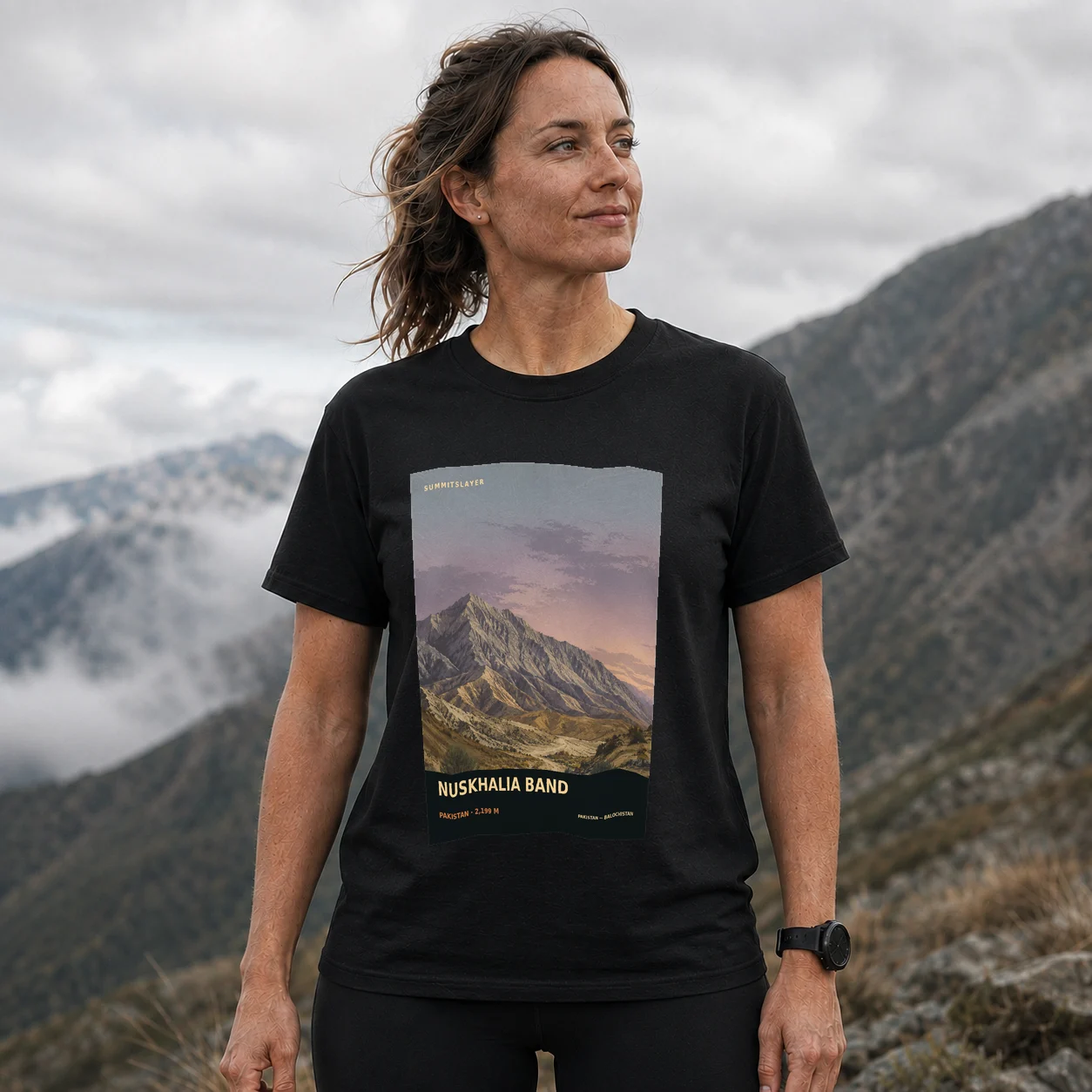 Black Nuskhalia Band T-shirt front with mountain artwork