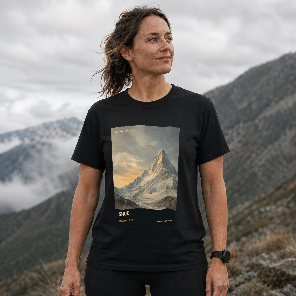 Black Shug T-shirt front with mountain artwork