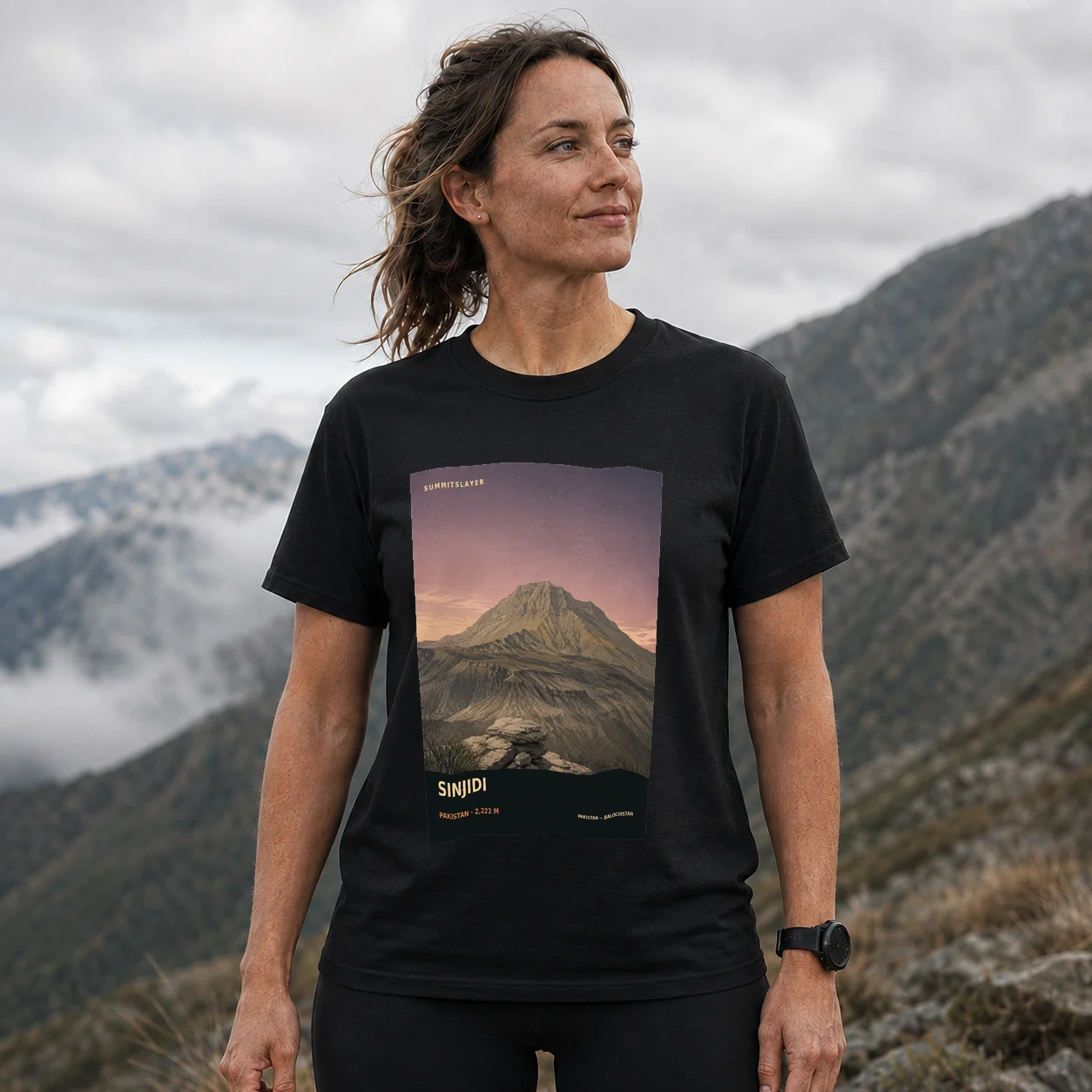 Black Sinjidi T-shirt front with mountain artwork
