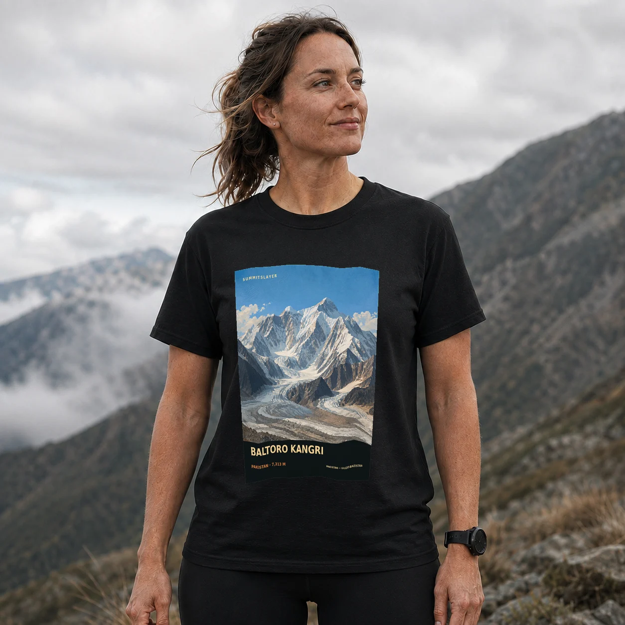 Black Baltoro Kangri T-shirt front with mountain artwork