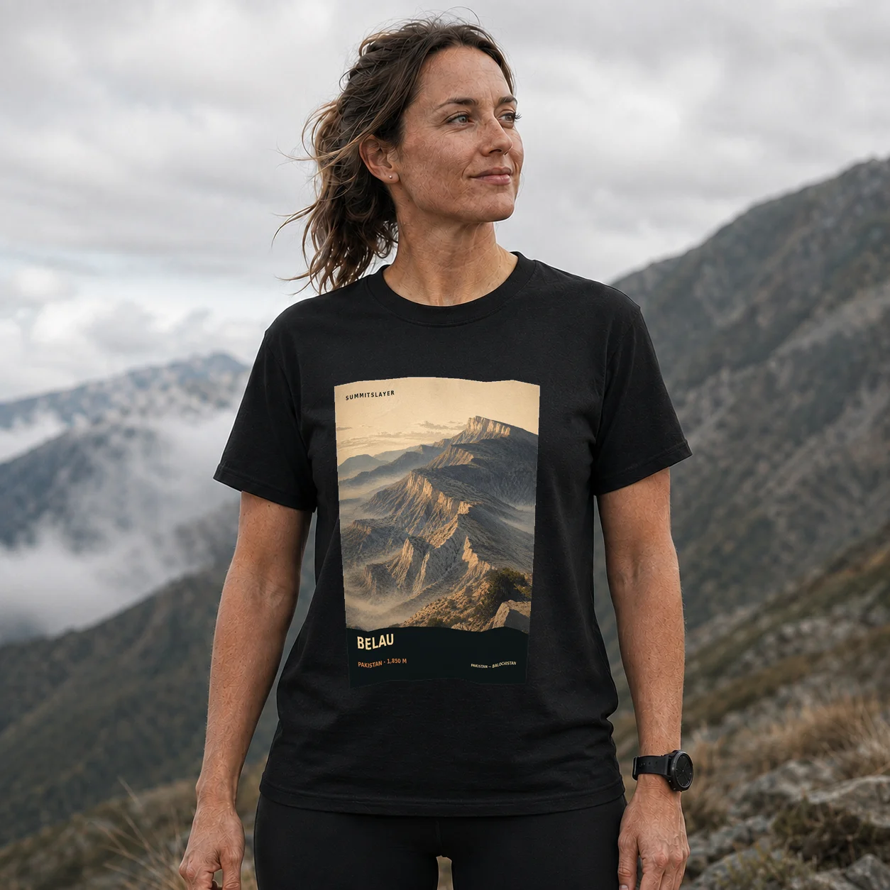 Black Belau T-shirt front with mountain artwork