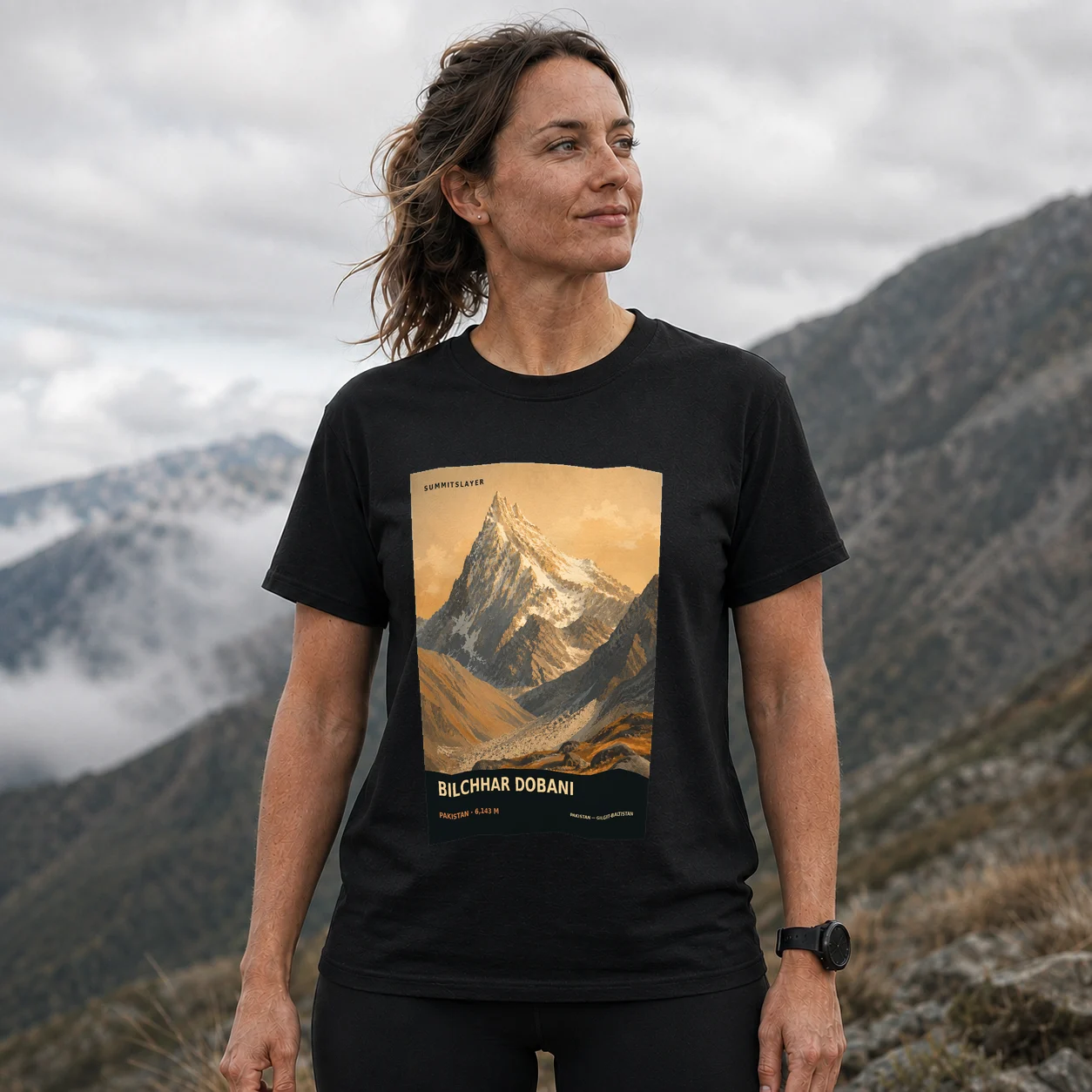 Black Bilchhar Dobani T-shirt front with mountain artwork
