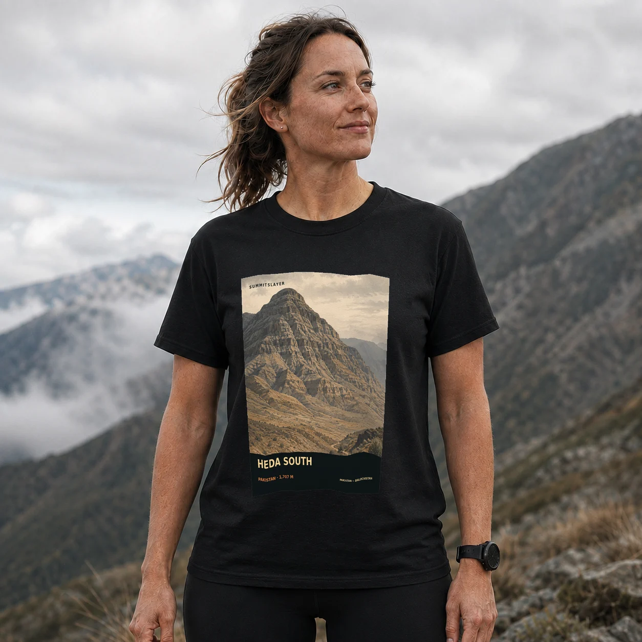 Black Heda South T-shirt front with mountain artwork