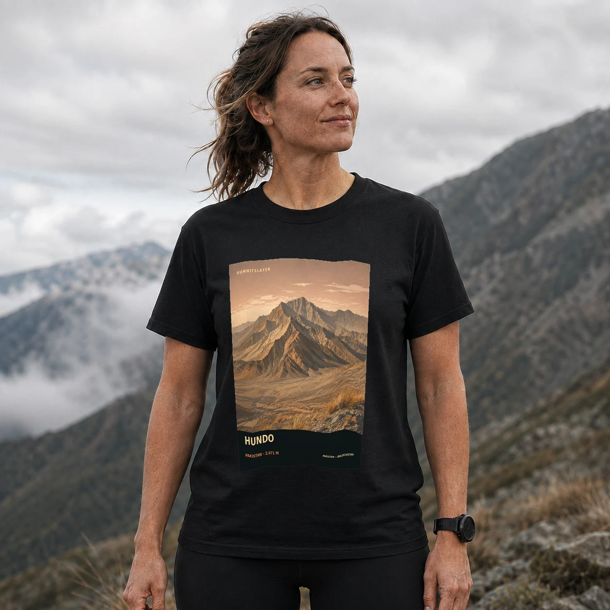 Black Hundo T-shirt front with mountain artwork
