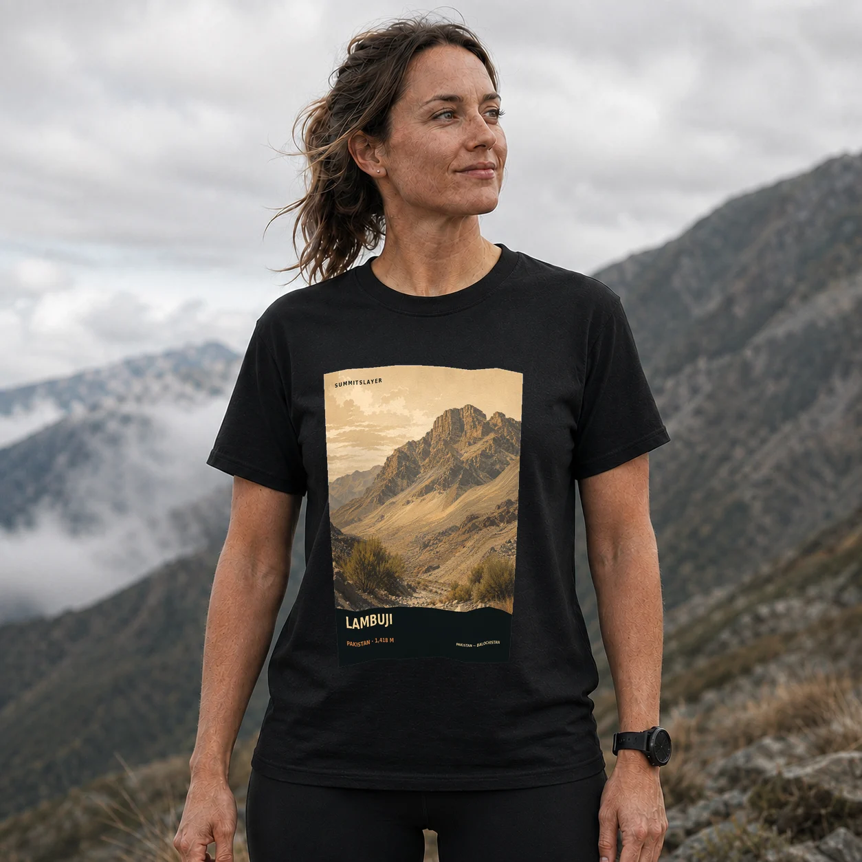 Black Lambuji T-shirt front with mountain artwork