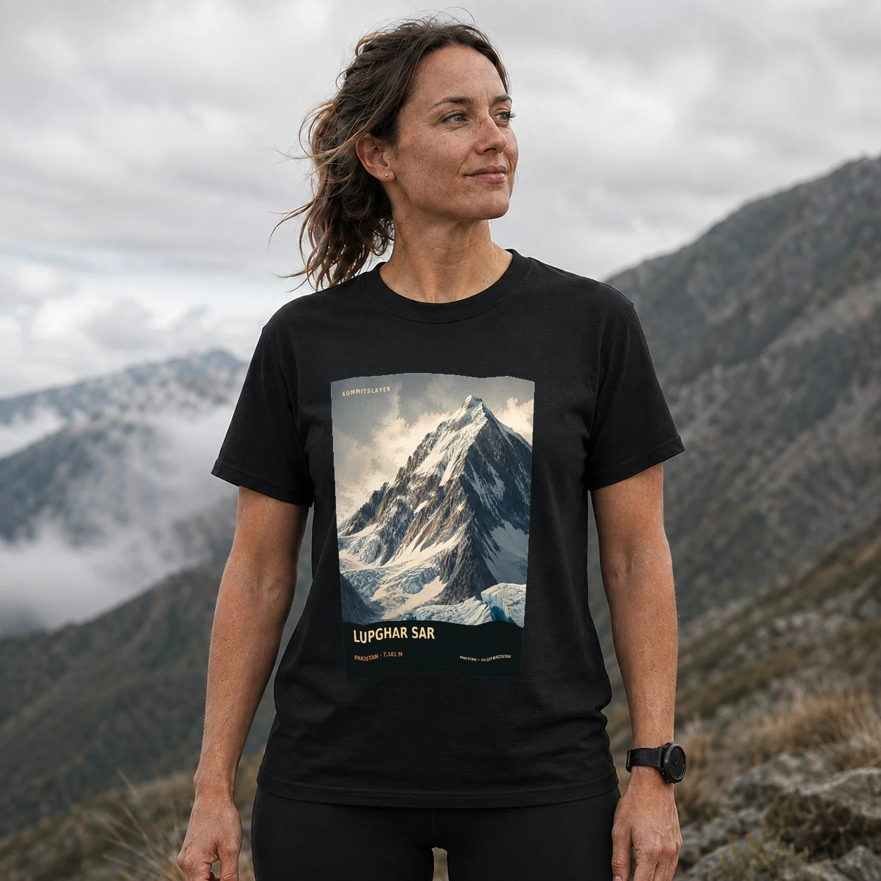 Black Lupghar Sar T-shirt front with mountain artwork