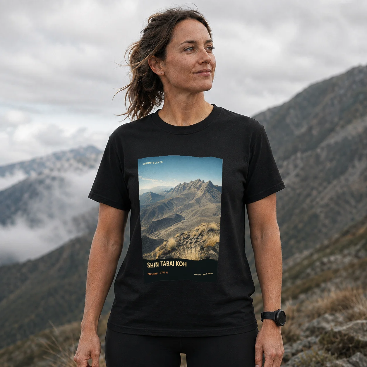 Black Shin Tabai Koh T-shirt front with mountain artwork