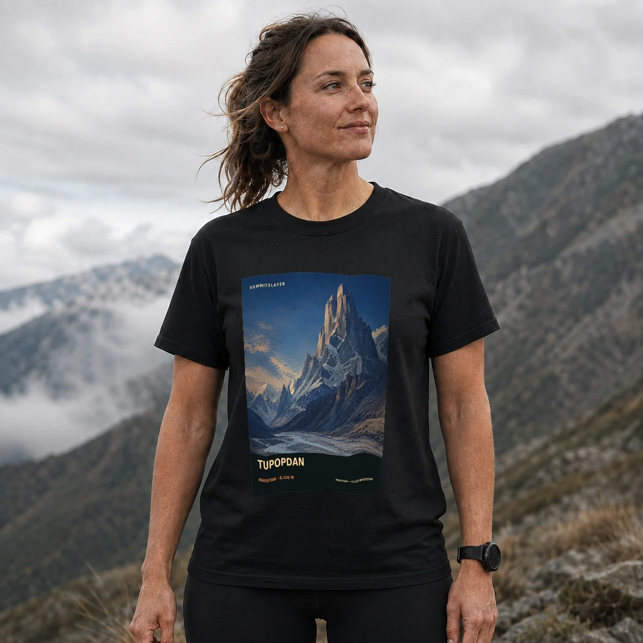 Black Tupopdan T-shirt front with mountain artwork