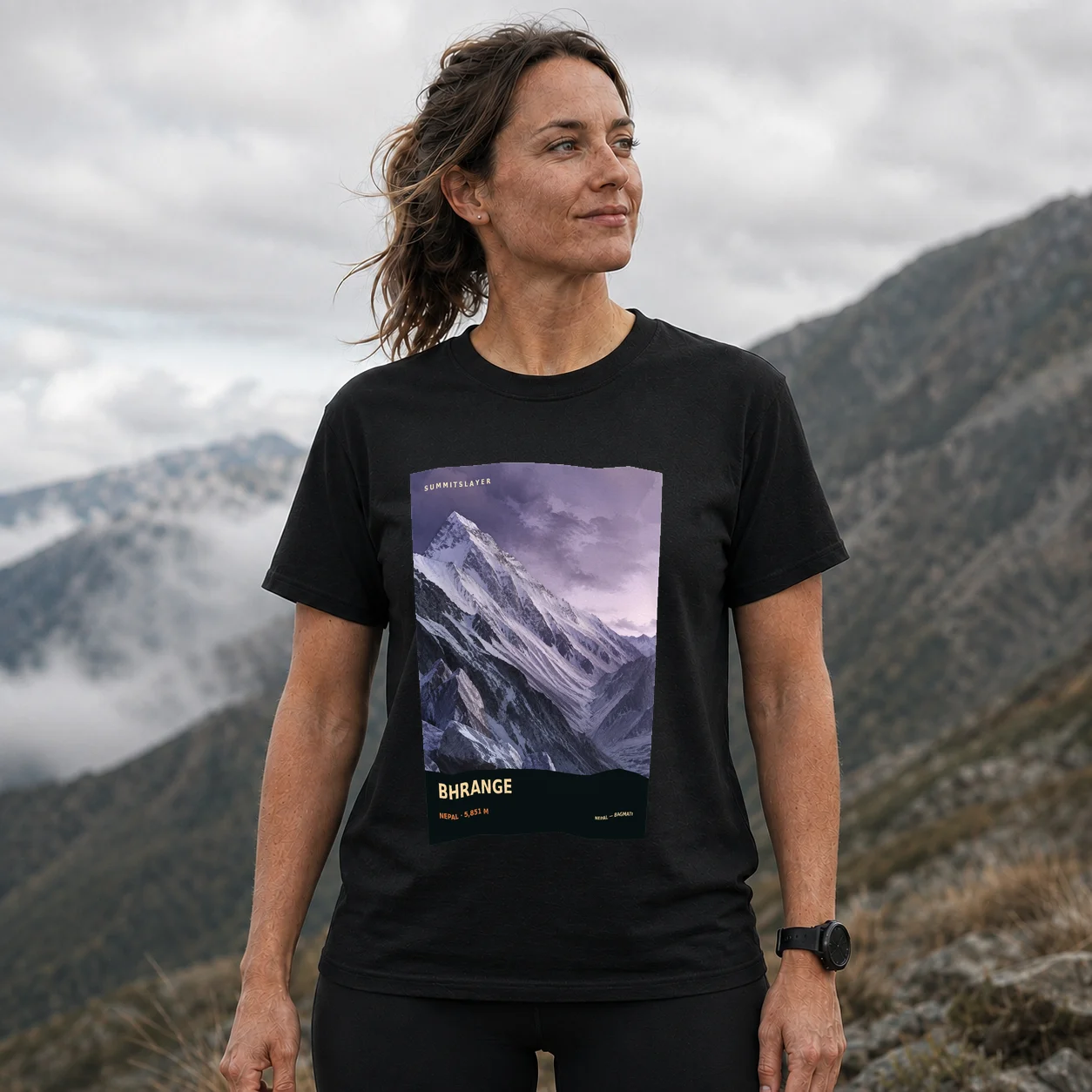 Black Bhrānge T-shirt front with mountain artwork
