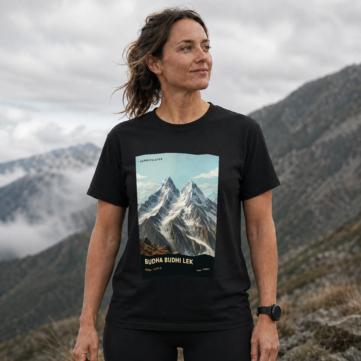 Black Buḍhā Buḍhi Lek T-shirt front with mountain artwork
