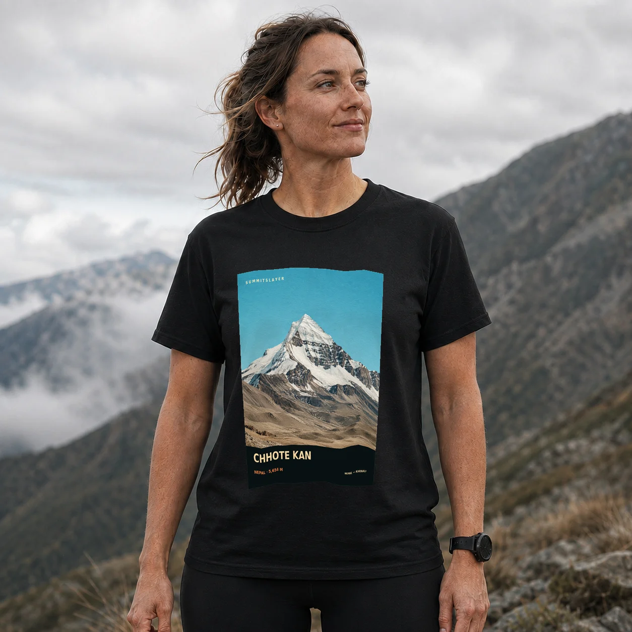 Black Chhoṭe Kān T-shirt front with mountain artwork