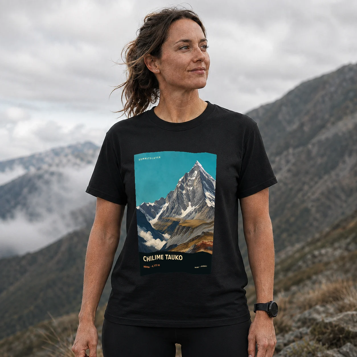 Black Chilime Ṭāuko T-shirt front with mountain artwork