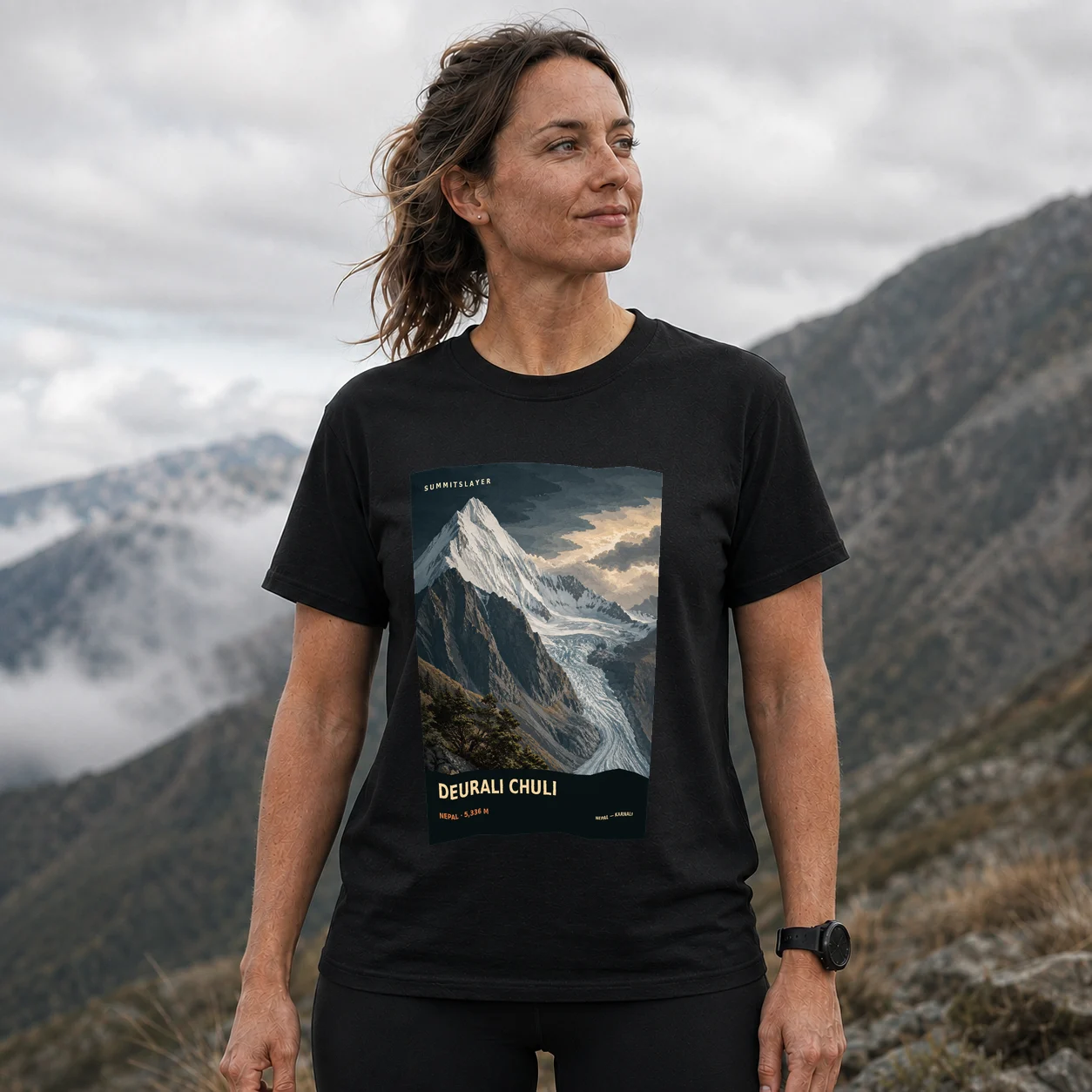 Black Deurāli̇̄ Chuli̇̄ T-shirt front with mountain artwork