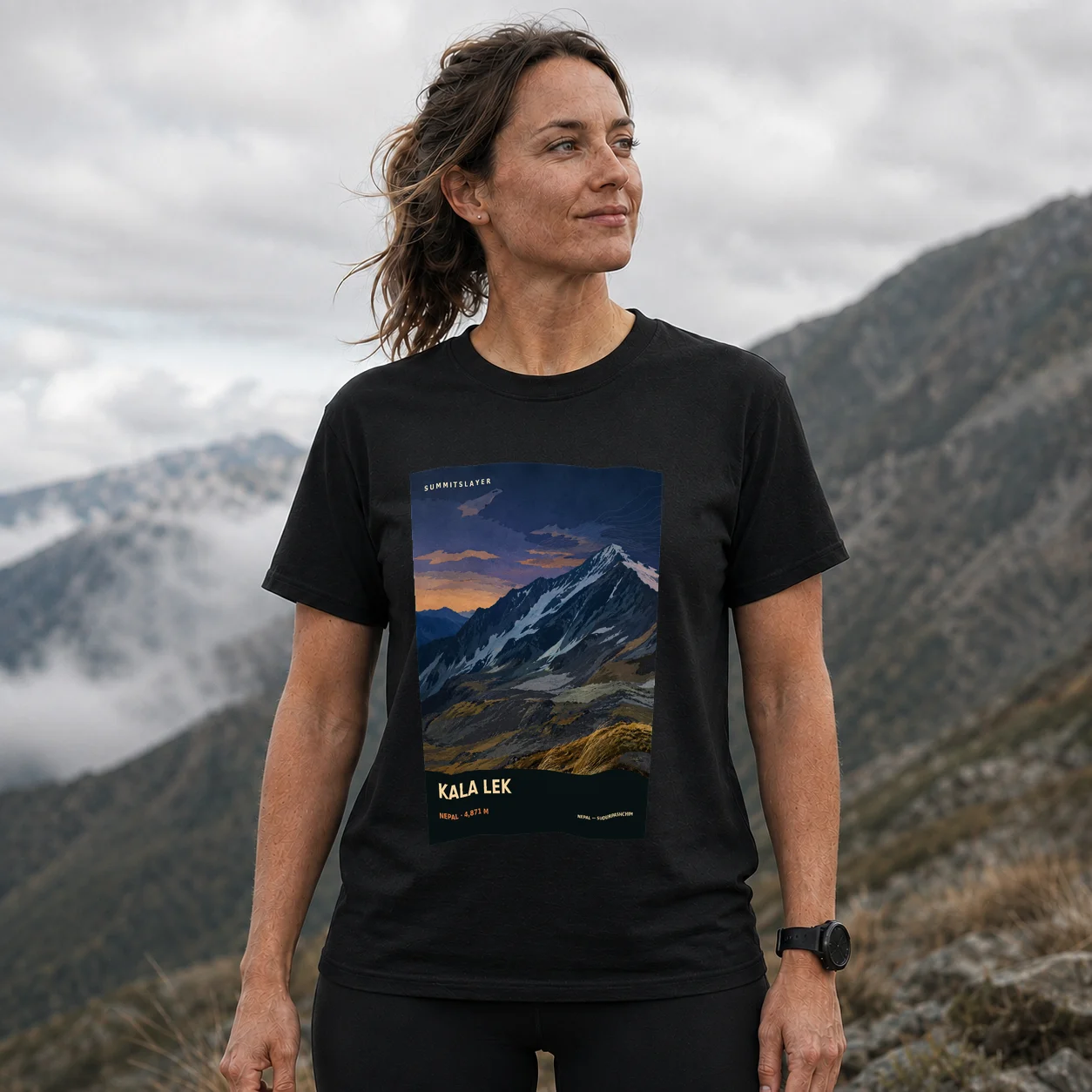Black Kālā Lek T-shirt front with mountain artwork