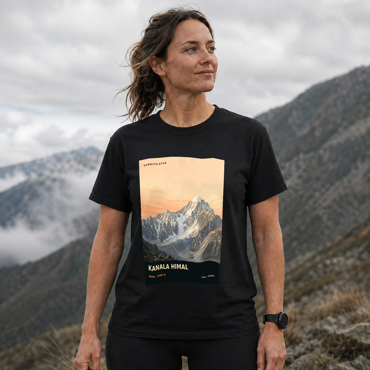 Black Kāṅālā Himāl T-shirt front with mountain artwork