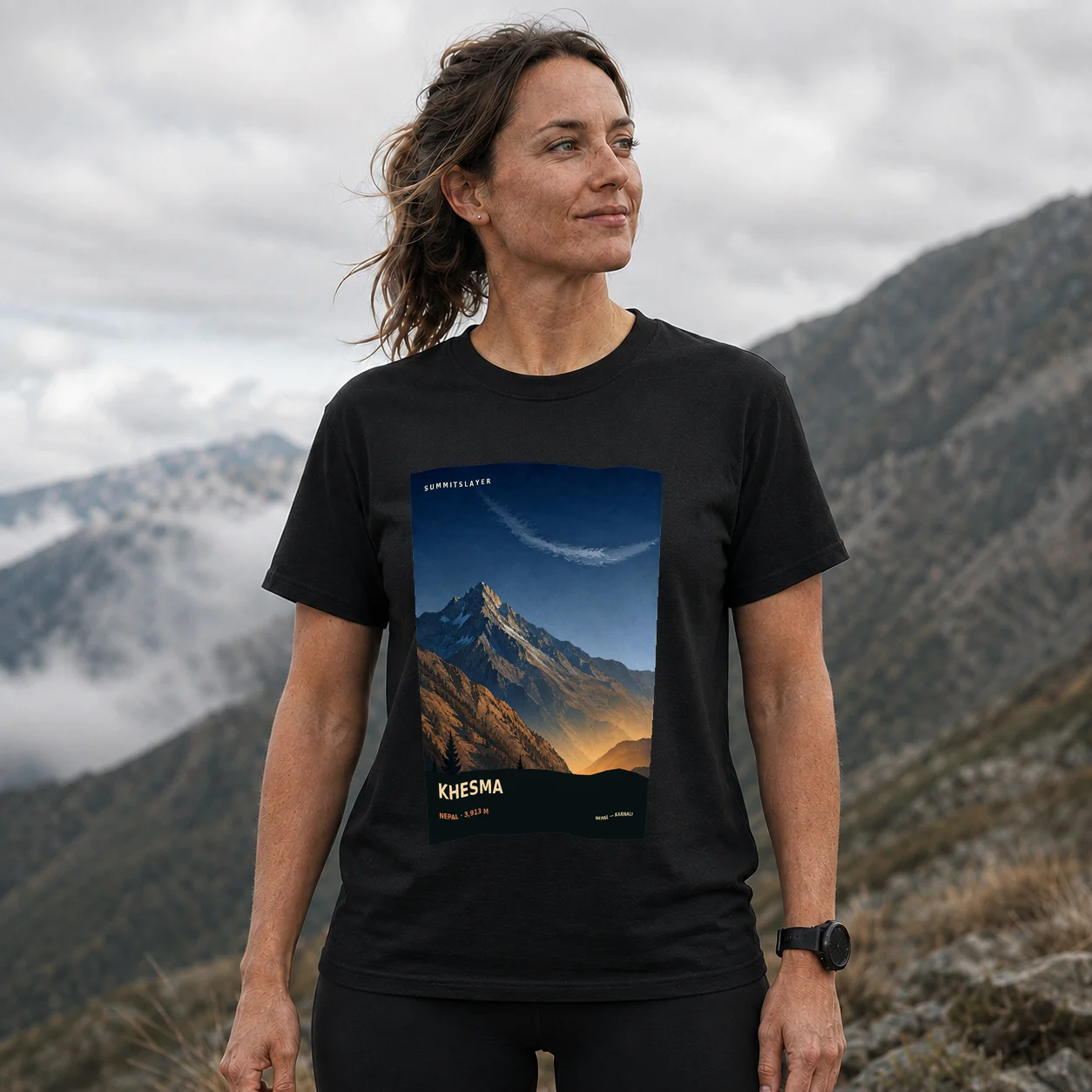 Black Khesmā T-shirt front with mountain artwork