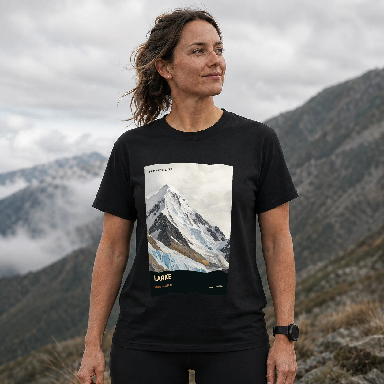 Black Lārke T-shirt front with mountain artwork