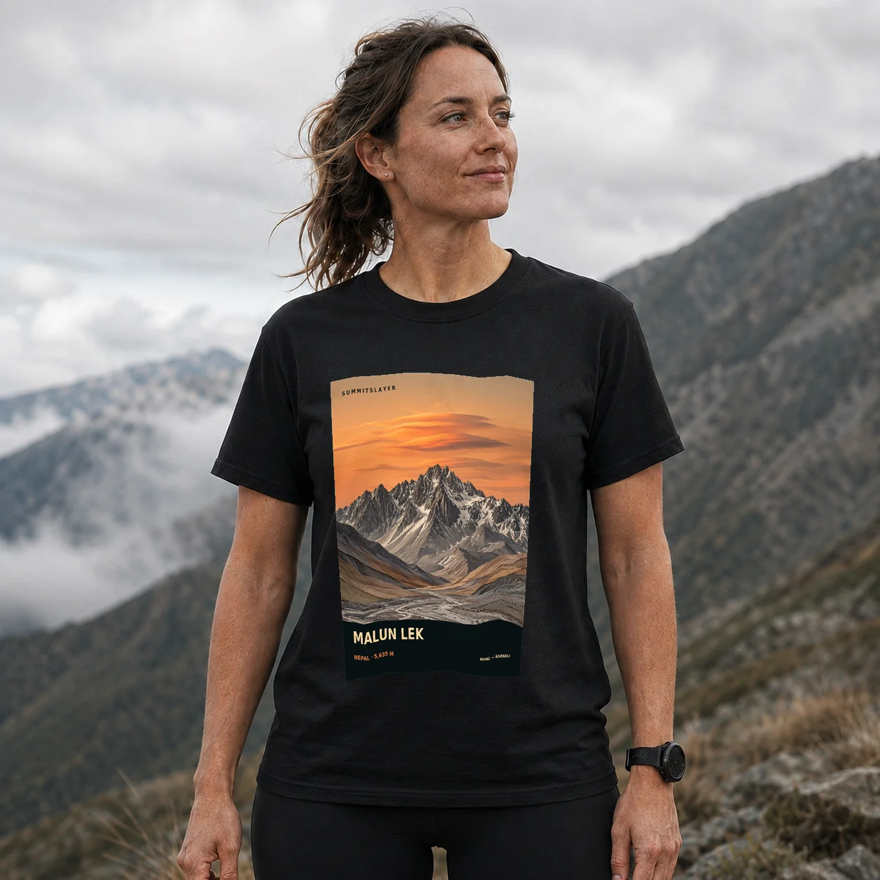 Black Maluṅ Lek T-shirt front with mountain artwork