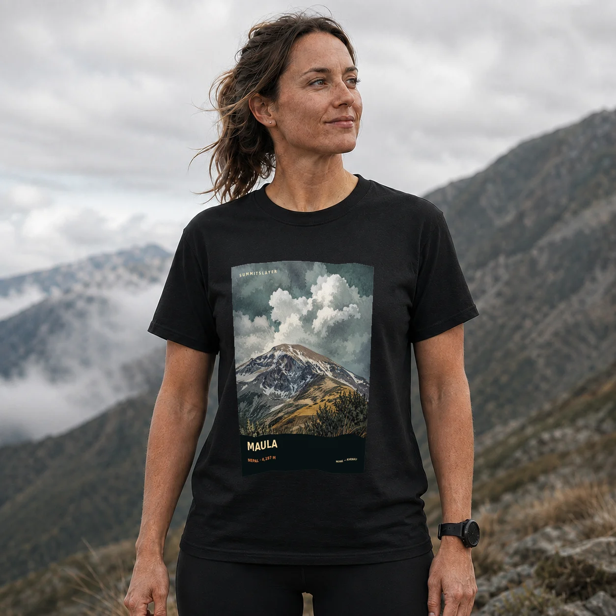 Black Maulā T-shirt front with mountain artwork